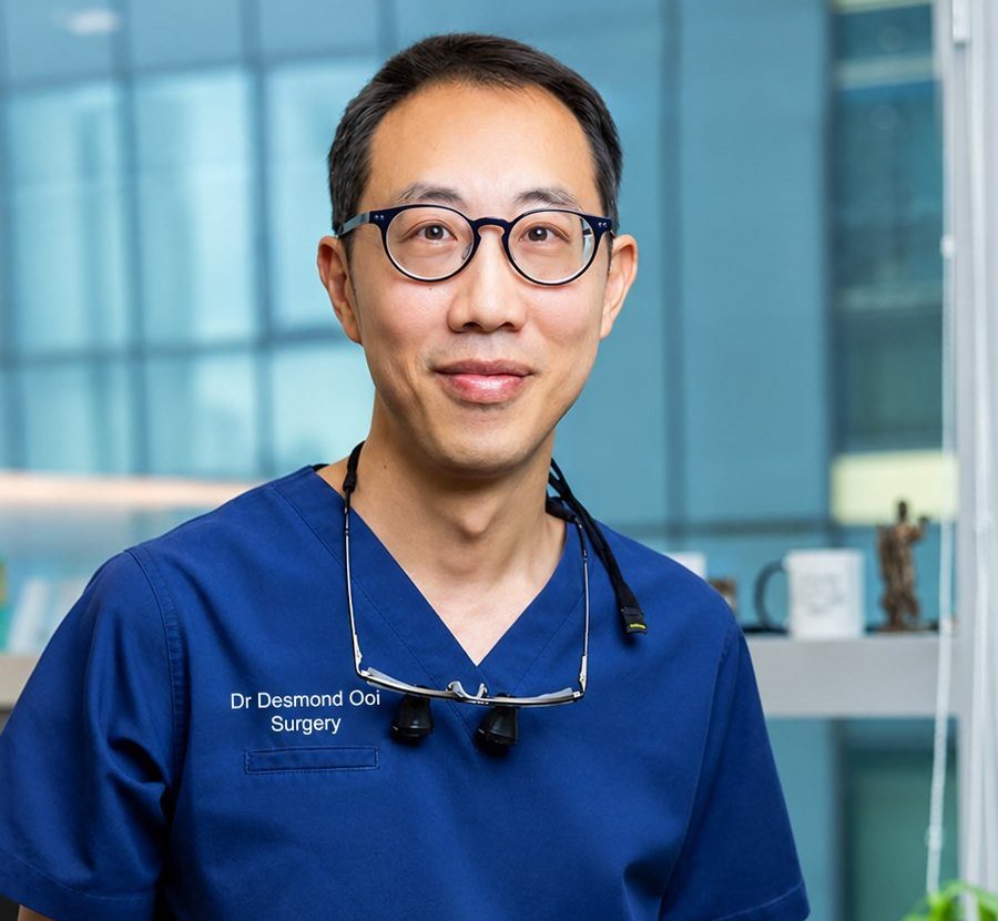 Dr Desmond Ooi in navy scrubs in his clinic